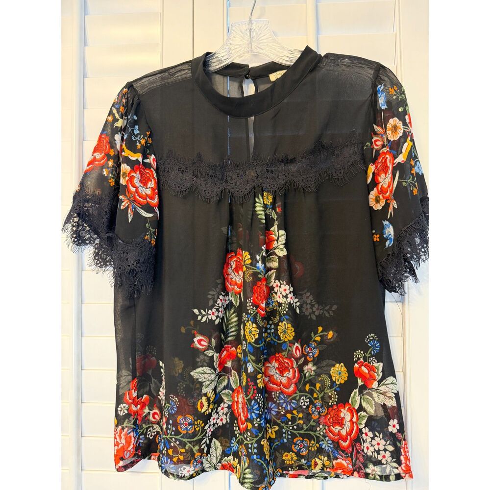 Lily White Black Sheer Floral Lace Trim Mock Neck Blouse Size Large